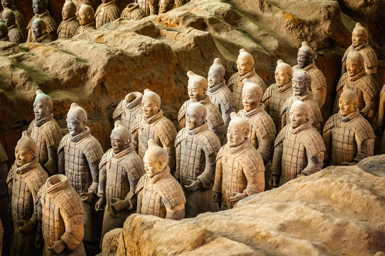 Excavated sculptures statues of the terracota army soldiers of Qin Shi Huang emperor, Xian, Shaanxi, China