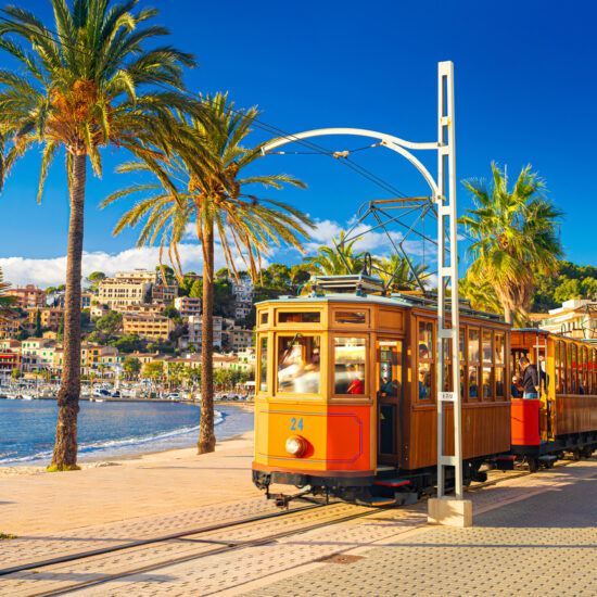 The famous orange tram runs from Soller to Port de Soller, Mallorca, Spain