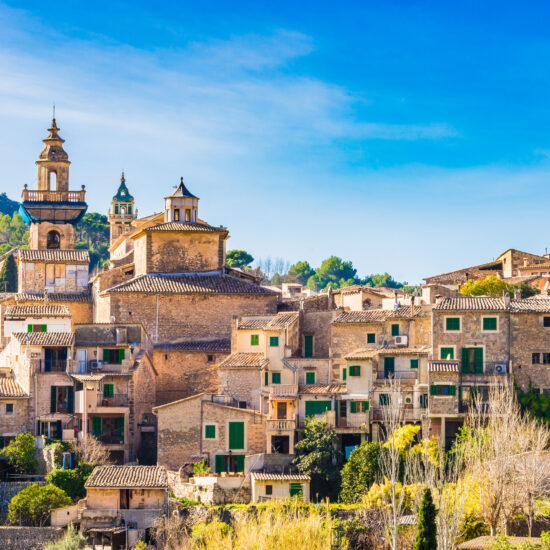 Idyllic view of Valldemossa in the Serra de Tramuntana mountains on Mallorca, Spain Balearic islands