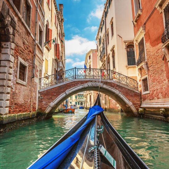 View from gondola during the ride through the canals, Venice