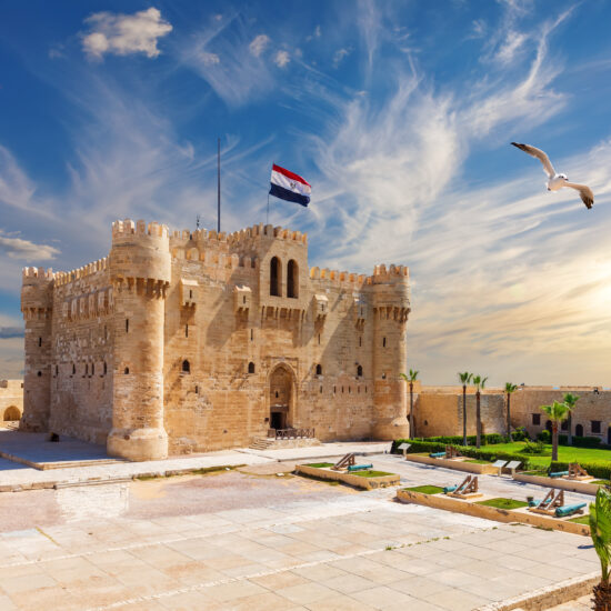 The Citadel of Qaitbay, the most popular place of visit in Alexandria, Egypt, beautiful sunny view
