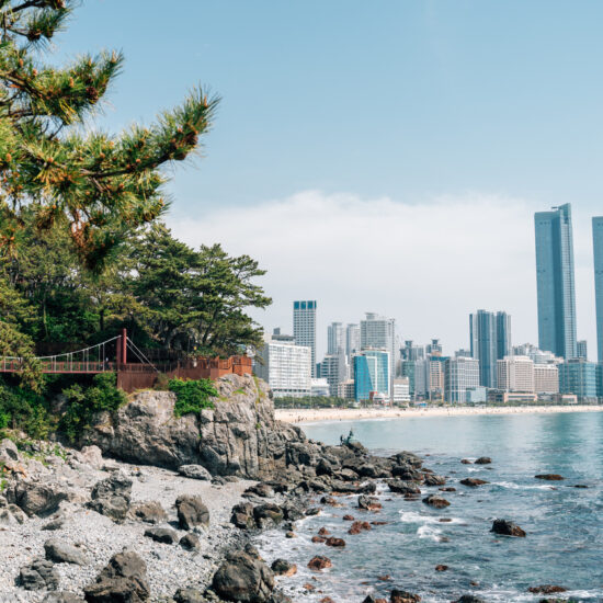 View of Dongbaekseom island and Haeundae Beach in Busan, Korea