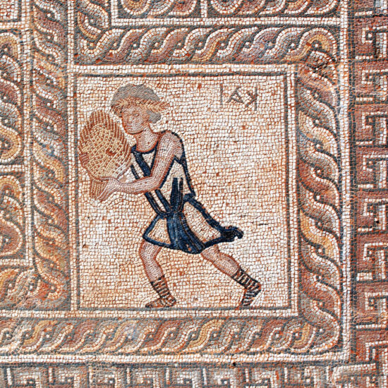 Decorative stone mosaic on floor in baths, Dion, Greece