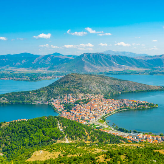 Aerial view of greek town Kastoria surrounded by Orestiada lake