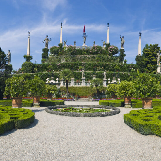 Isola Bella gardens panorama in the Italian Lake District.