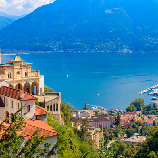 View of Madonna del Sasso monastery and lake Maggiore at Locarno, Switzerland