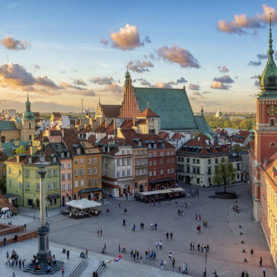 Warsaw, Royal castle and old town at sunset