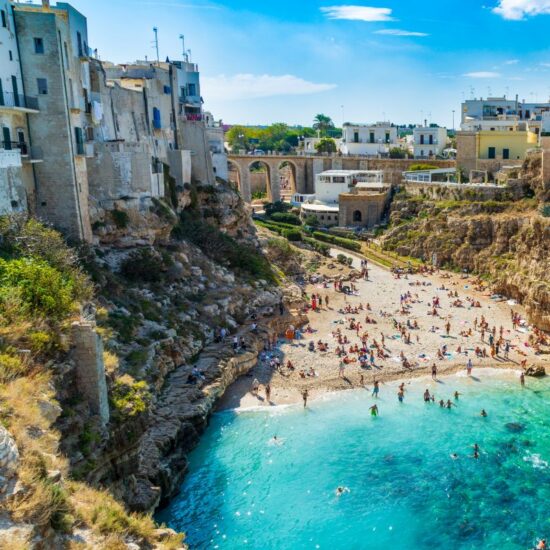 Scenic view of Lama Monachile Cala Porto beach in Polignano a Mare, Italy