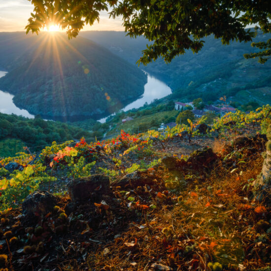 Dusk falls over the vineyard covered slopes in Ribeira Sacra