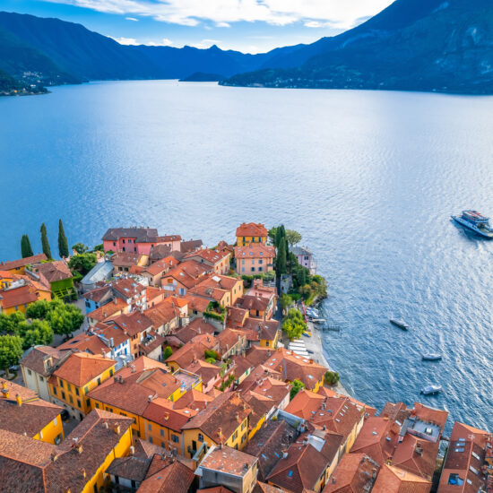 Town of Varenna Como lake waterfront aerial view