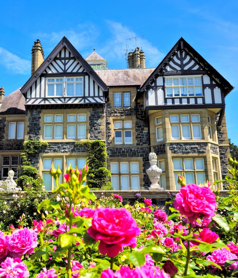Bodnant Hall with vibrant pink roses in foreground, Bodnant Gardens, Wales