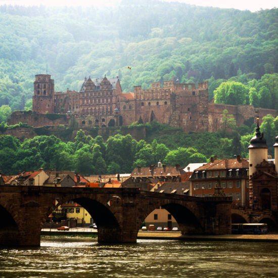 A riverside view to the castle in Heidelberg, Germany