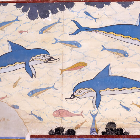 Fresco on a wall of the Knossky palace. Crete, Greece.
