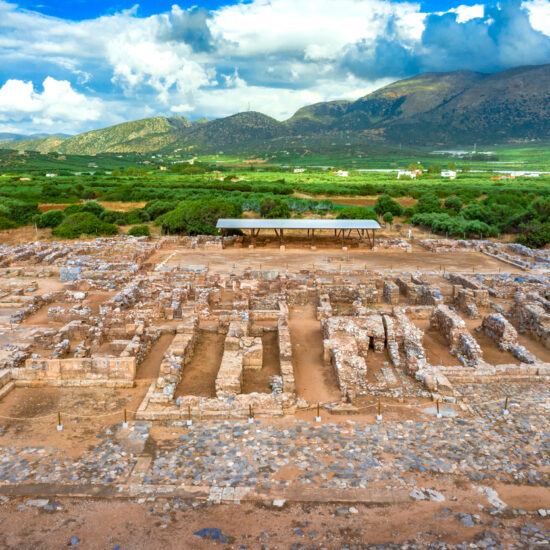 Aerial view of the ruins of the Minoan palace in Malia, Crete, Greece