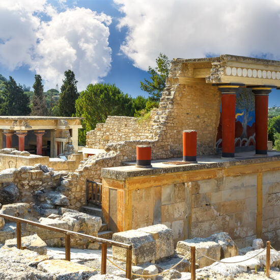 Knossos palace at Crete. Knossos Palace ruins. Heraklion, Crete, Greece. Detail of ancient ruins of famous Minoan palace of Knossos.