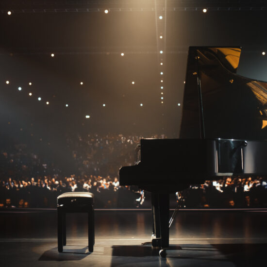 Black Grand Piano Standing on a Concert Stage Under Spotlights. Music Instrument Ready to Be Used by a Virtuoso Musician in Front of Sophisticated Audience