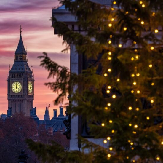 Beautiful sunset view of the Big Ben Clocktower in London during winter time
