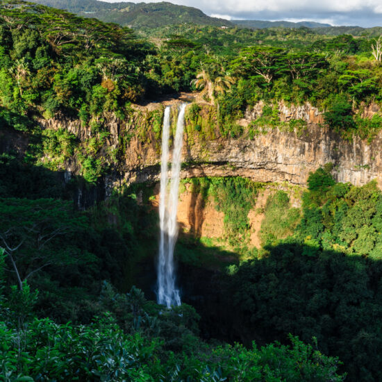 Highest scenic Chamarel waterfall of Mauritius in the tropical jungle