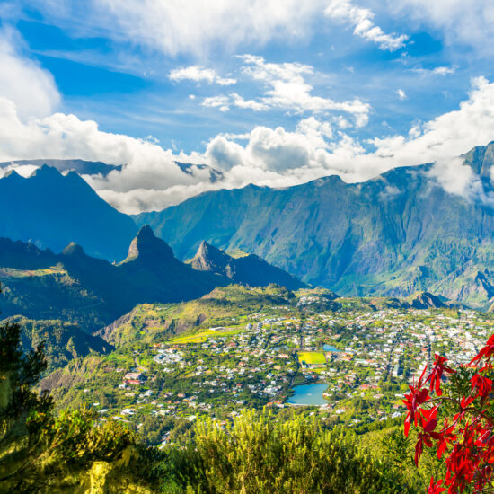 Landscape with Cilaos village in Cirque de Cilaos, La Reunion island