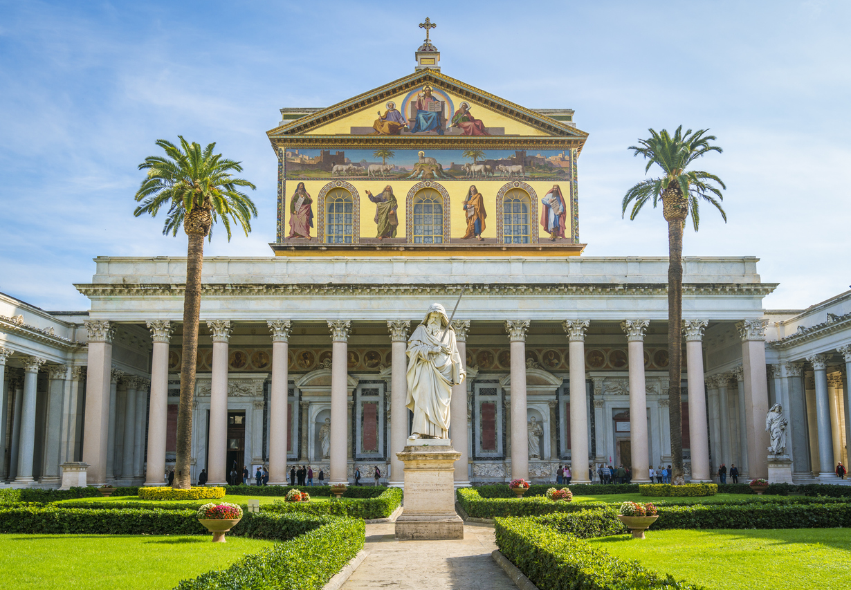 The main facade of the Basilica of Saint Paul outside the walls in Rome, Italy.