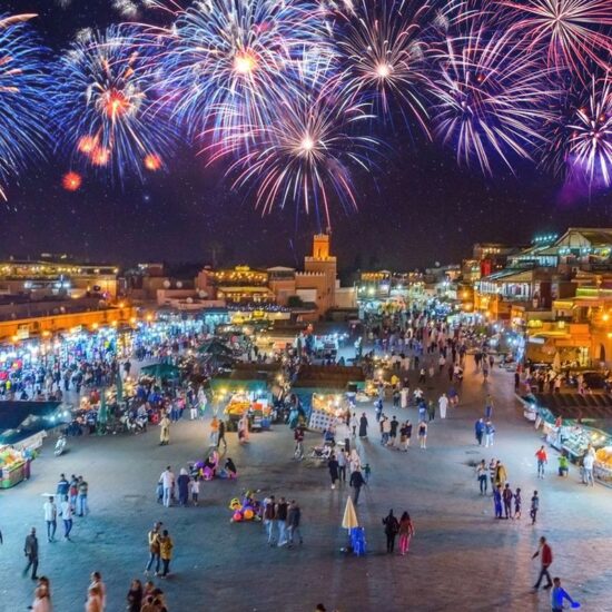 Jamaa el Fna market square in Marrakesh's medina with fireworks, Marrakesh, Morocco