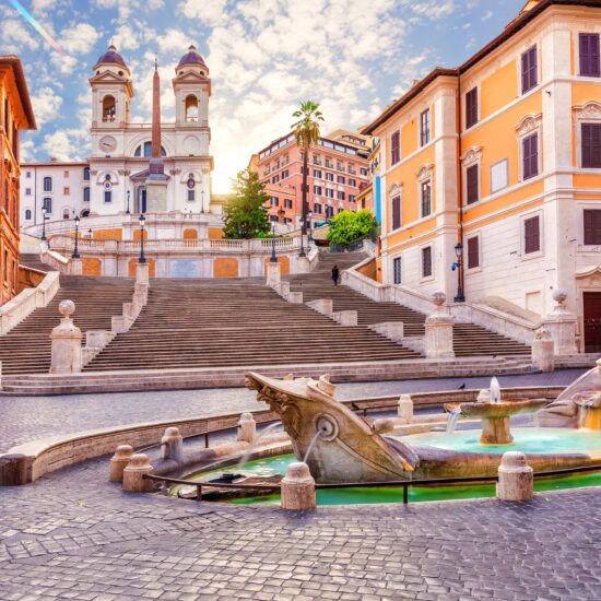 Fountain of the Boat or Fontana della Barcaccia and the Spanish Steps (Piazza di Spagna), Rome, Italy