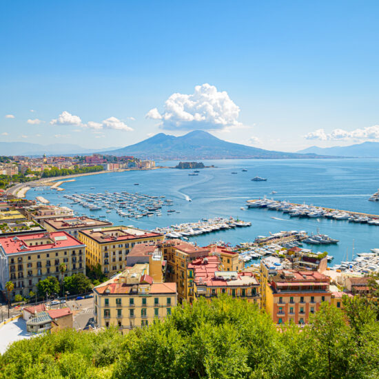 Naples, Italy. August 31, 2021. View of the Gulf of Naples from the Posillipo hill with Mount Vesuvius far in the background.