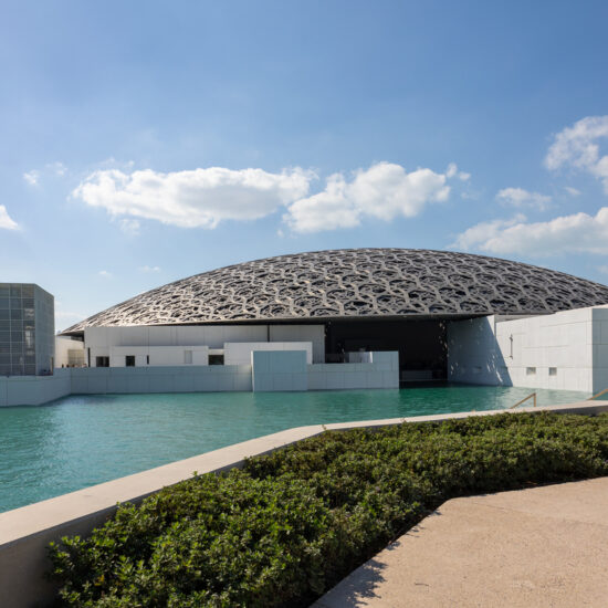 Louvre is art museum located on Saadiyat Island in Abu Dhabi, United Arab Emirates. Architect of Museum is Jean Nouvel. View from water surface
