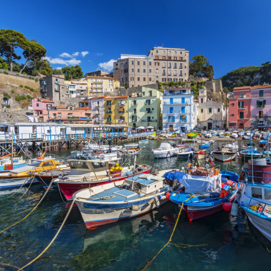 Small fishing boats at harbor Marina Grande in Sorrento, Campania, Amalfi Coast, Italy.