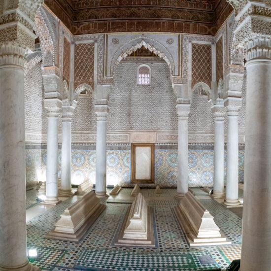 interior view of the Chamber of the Twelve Columns in the Saadian Tombs in Marrakesh