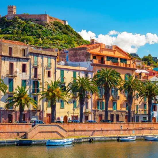 Picturesque view of Bosa town along Temo River in Sardinia, Italy