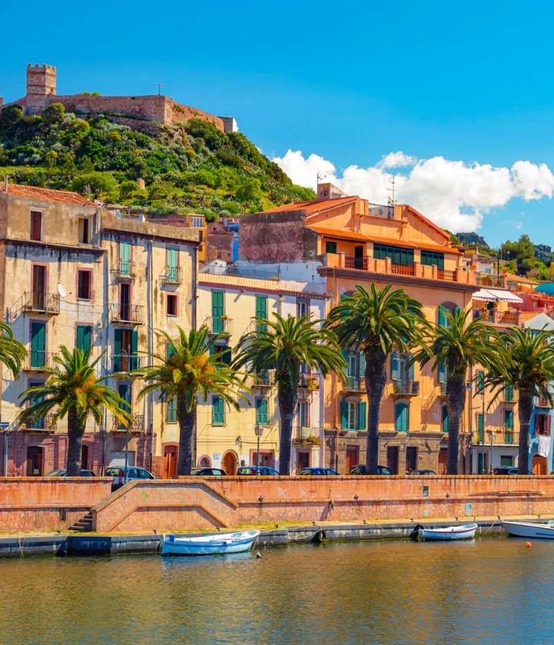 Picturesque view of Bosa town along Temo River in Sardinia, Italy