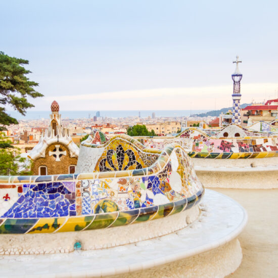 Colorful mosaic benches at the Gaudi designed Park Guell