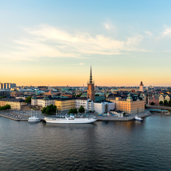 Aerial view of Gamla Stan, Stockholm old town in sunset