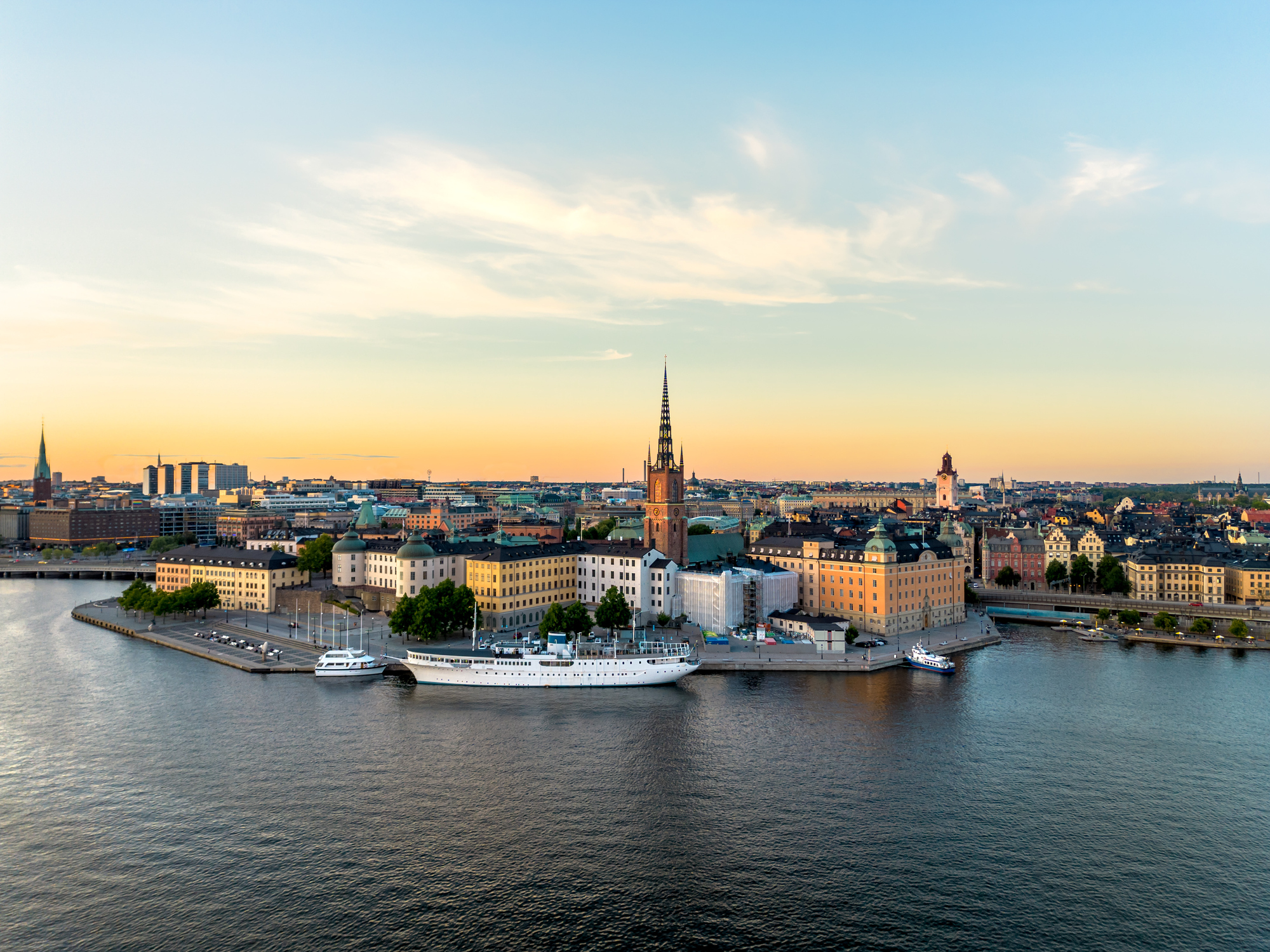 Aerial view of Gamla Stan, Stockholm old town in sunset
