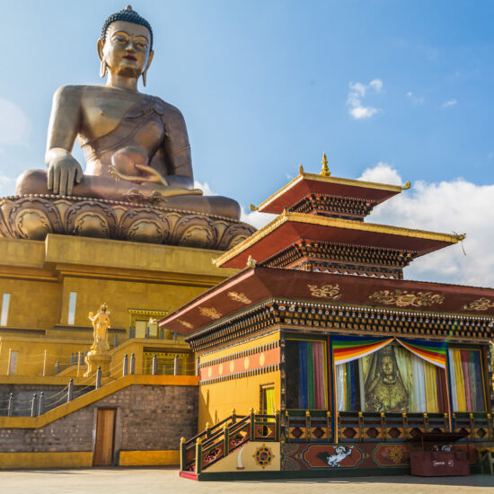 The Great Buddha Dordenma is sited amidst the ruins of Kuensel Phodrang in Thimphu, Bhutan