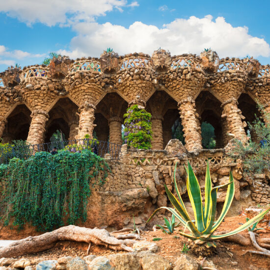 columns in Park Guell by Antoni Gaudi in Barcelona, Spain