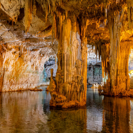 Interior of Neptune's Grotto, a stalactite cave near Alghero on the island of Sardinia, Italy