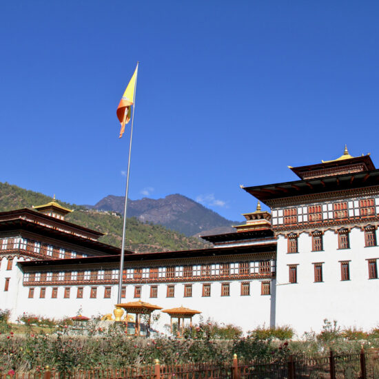 Flag Ceremony at Tashicho Dzong or Thimpu Palace. Buddhist monastery and fortress on the northern edge of the city of Thimpu in Bhutan.