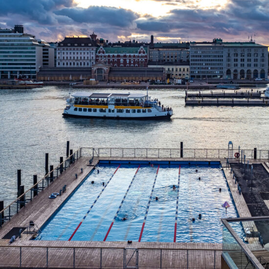 Helsinki. Finland. Pool near the sea. Helsinki city harbor. Rest area on the pier. Helsinki Harbor View Pool. Entertainment in Finland. Public spaces. Traveling around the cities of Finland.