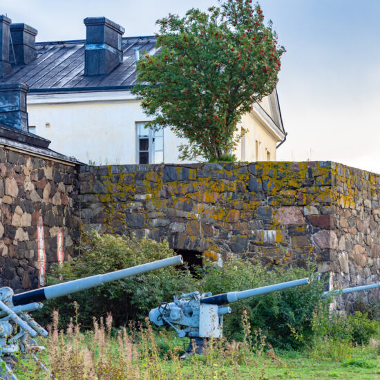 Finland. Helsinki. Fort Suomenlinna. Sveaborg. Artillery guns near the fortress. Museum exhibits. Rare guns in the Finnish fortress. Guns at the walls of fortress. Helsinki tourism. Trip to Finland