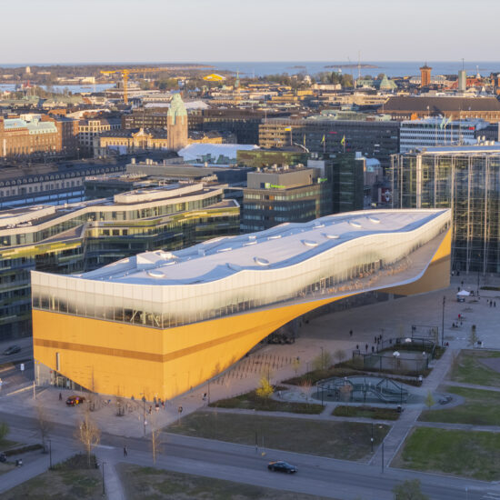 Aerial drone photo of the Helsinki city center with Oodi library