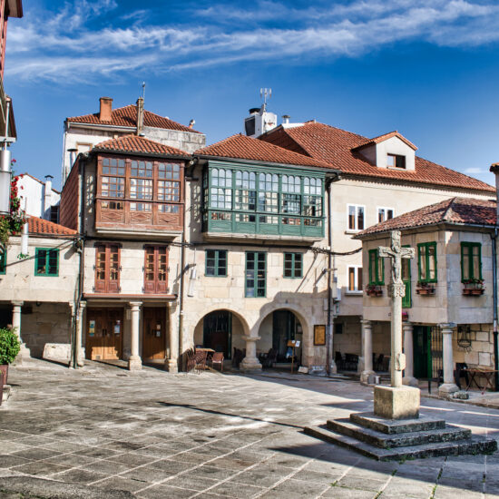 Beautiful Plaza de la Leña of medieval architecture in the Galician city of Pontevedra, Spain
