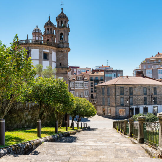 Monumental complex of the city of Pontevedra with old houses, churches and parks with flowers, Galicia.