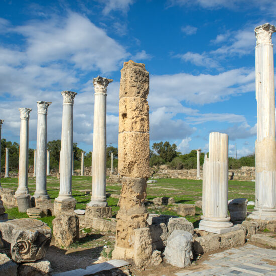 Columns and ruins in the ancient city of Salamis in Cyprus. Salamis Ruins, Famagusta, Turkish Republic of Northern Cyprus, CYPRUS. Tourist area of ​​the ruins of the city of Salamis.