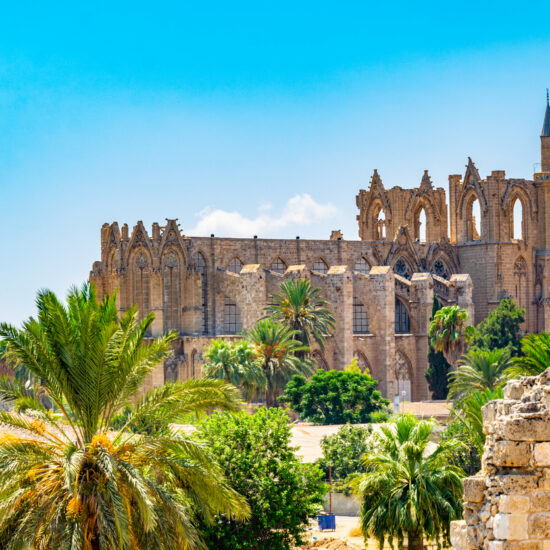 Aerial view of Old town of Famagusta with Lala Mustafa Pasa Mosque, Cyprus