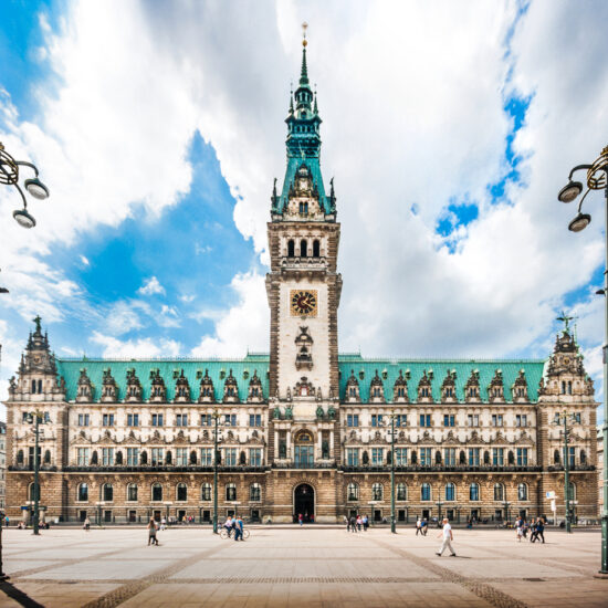 Hamburg town hall with dramatic clouds, Germany