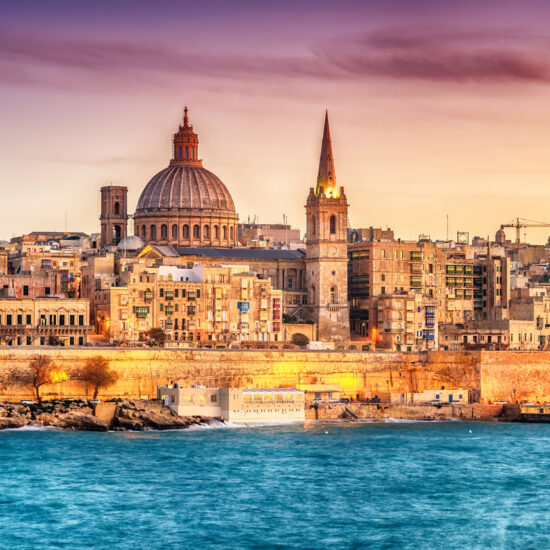Valletta, Malta: skyline from Marsans Harbour at sunset