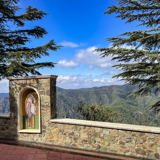 Milikuri, Cyprus, October 16, 2024: Mosaics in a fence along the path from Kykkos Monastery to the chapel on Throni Hill in the Troodos Mountains in Cyprus. Icons of various saints.