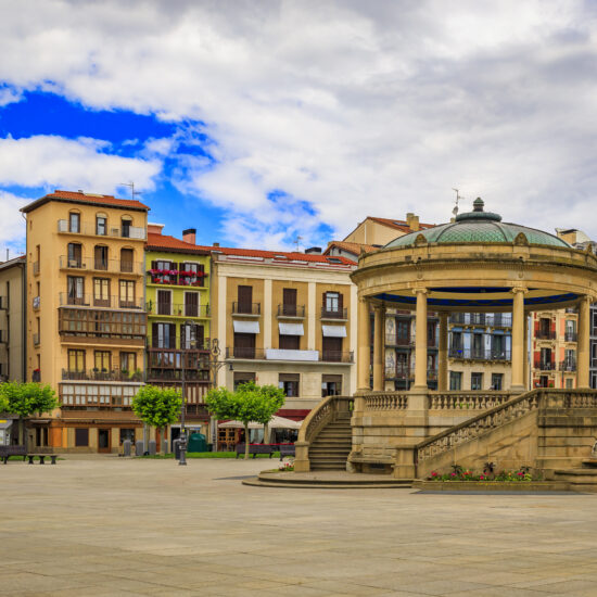 Historic Plaza del Castillo in Pamplona, Spain famous for running of the bulls